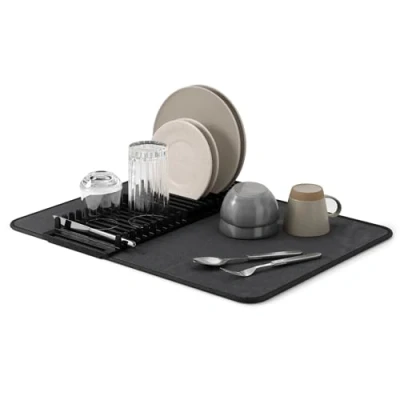 Image of Umbra 330720 040 Udry Dish Drainer and Microfibre Drying Mat Foldable, Space Saving Easy to Store, Plastic, Schwarz