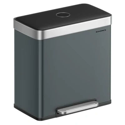Image of SONGMICS Kitchen Bin, 2 x 30L Stainless Steel Pedal Rubbish Bin with 15 Trash Bags, Recycling and Waste, Plastic Inner Buckets, Lid, Soft Closure, 58.2 36.5 60.5 cm, Greenish Grey LTB202G01