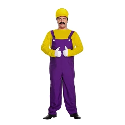 Image of HENBRANDT Adult Men’s Yellow Bad Plumber Fancy Dress Costume Retro 1980s Videogame + Purple Overalls Moustache Brothers Workman Up Outfit One Size Mens