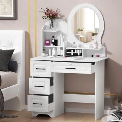 Image of gibxiyza Vanity Mirror with Lights Makeup Desk Mirror, Table Large Storage Shelves, 4 Drawers, Desk, Bedroom Dressing White