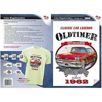 Image of Ideen mit Herz Colour iron on transfers, DIN A4, filigree without background, decorate T shirts and bags with motifs, pictures, quick easy, DIY textile design (vintage car 1)