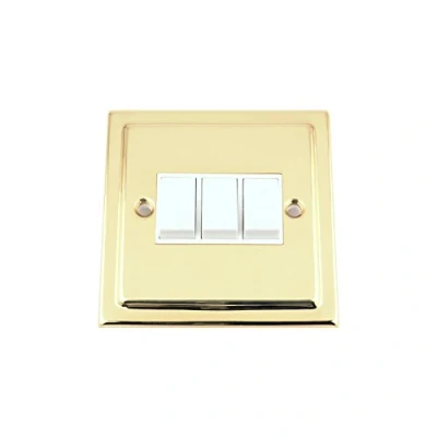 Image of Light Switch 3 Gang Victorian Polished Brass White Insert Plastic 10 Amp Triple 2 Way