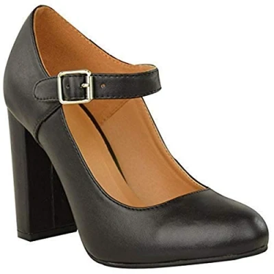 Image of Womens Block High Heels Ankle Strap Court Shoes Ladies Mary Jane Comfort Work Pumps Formal Smart Office Heeled Party Occasion Strappy Slip On Heel Sandals Black Faux Leather