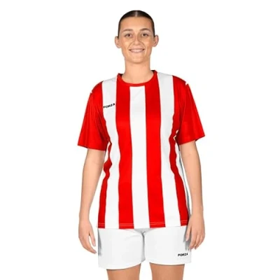 Image of FORZA Women&#039;s Striped Football Jersey [XS XL] Premium Short Sleeve Shirts 5 Stripe Colour Options (UK, Alpha, S, Regular, Red &amp; White)
