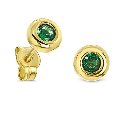 Image of Miore Gold Earrings for Women Solitaire Round Studs with Green Emerald Gems 0.22ct Made In Yellow 9ct 375, Ear Piercing Stud 5.5 x mm Jewellery Box