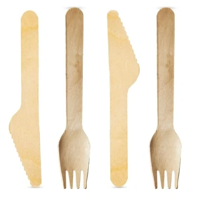 Image of Chef Royale Combo Pack of 100 Wooden Knives and Forks Biodegradable Compostable &amp; Eco Friendly Disposable Cutlery Set for Events (100 Forks, Knives)
