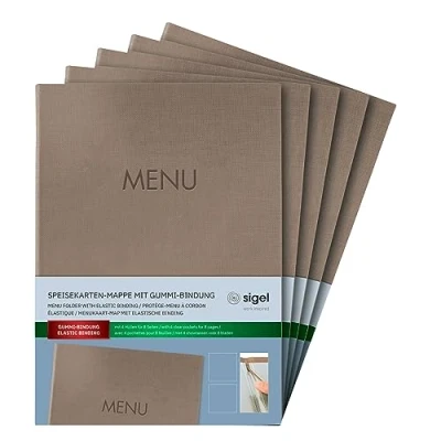 Image of SIGEL SM210 Set of 5 Menu folders with elastic cord,with 2 transparent pocket for 8 DIN A4 sheets, embossing, dark Beige