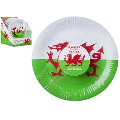 Image of PMS Pack of 6 Wales Paper Plates Welsh Dragon Supporter World Cup Nations Patriotic Approx 23cm