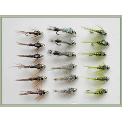 Image of 18 Barbless Goldhead Nymph Trout Flies, Flash Head Hares Ear, Pheasant Tail and Olives Choice of sizes (10)