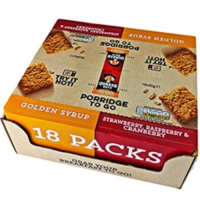 Image of 2X Packs Quaker Porridge to Go Breakfast Squares Wholegrain Oat Cereal Bars 36 x 55g (18 Golden Syrup + 18 Strawberry, Raspberry &amp; Cranberry)