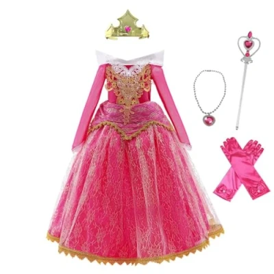 Image of Lito Angels Sleeping Beauty Princess Aurora Costume for Kids Girls Birthday Party Fancy Dress Ball Gown with Accessories Age 4 5 Years, Hot Pink (Tag Number 110)