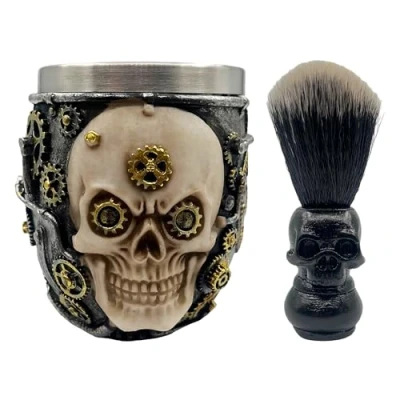Image of Eson Shaving Brush Set with Beard Brush, Mens Razors for Shaving, Premium Set, Stainless Steel Stand, Bowl &amp; Holder, Ideal Kit Men (Skull 2 in 1)