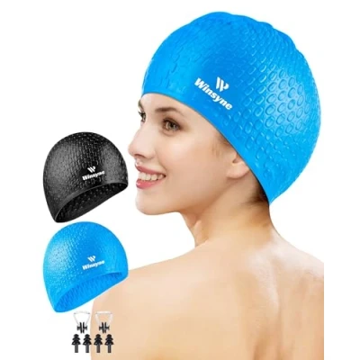 Image of Winsyne 2 Pack Unisex Silicone Swimming Cap for Women Men, Large Size Hat Long Hair/Braids to Keep Hair Dry, Waterproof Swim with Ear Plugs &amp; Nose Clip Set(Black&amp;White)