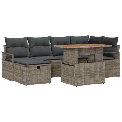 Image of vidaXL 7 Piece Garden Sofa Set with Cushions Grey Poly Rattan