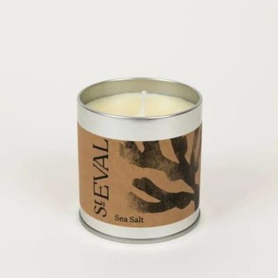 Image of St. Eval Sea Salt Scented Tin Candle Wax Refreshing Fragrance a Unique Blend of Marine Scents with Salty Accords and Floral Notes on Bed Musk Made in Cornwall