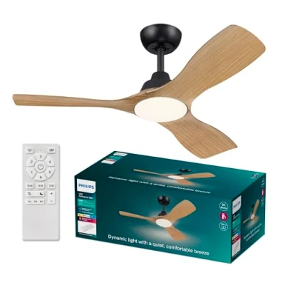 Image of Philips Olas Ceiling Fan, 3 Blades, 24W LED Light, DC Motor, Color Temperature Range (3000K 4300K 6500K) with Dimmable Function, Remote Included, 42&quot;, black and wood