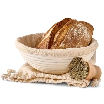 Image of Round Bread Proofing Basket 25cm Large Sourdough Proving Natural Rattan Set With Brush, Linen Cloth And Bag Baking Accessories