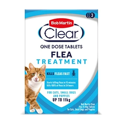 Image of Bob Martin Clear Cat Flea Tablets, also Suitable for Small Dogs &amp; Puppies (2 10 Kg) Effective Treatment, Kills 100% of Fleas within 24 Hours (3 Tablets)