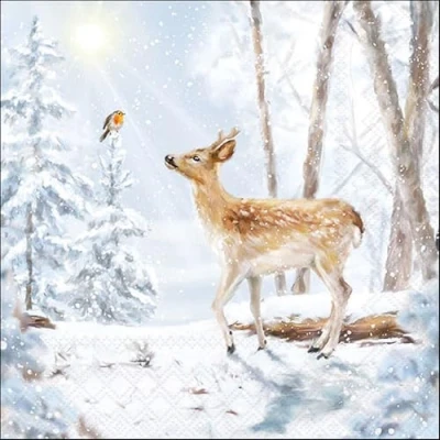 Image of 20 Napkins Winter Deer Meets Bird in Forest as Table Decoration Paper with Motif Also for Decoupage and 33 x cm