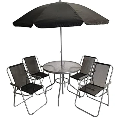 Image of Samuel ALEXANDER 4 Seater Garden Table And Chairs Set Folding Outdoor Glass Dining With Black Parasol Umbrella Patio Furniture