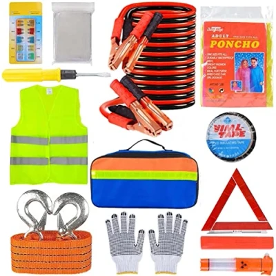 Image of KAHEIGN 12 in 1 Car Emergency Kits, Auto Safety Tools Breakdown Kit Included Warning Triangle, Visibility Vest, Tow Rope, Utility Hammer, Jump Lead, Fuse, Storage Bag for EU Road Assistance