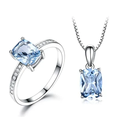 Image of ZLING Gift 925 Sterling Silver Jewelry Created Sky Blue Topaz Rings And Necklace Elegant Birthday Gifts Fine Sets