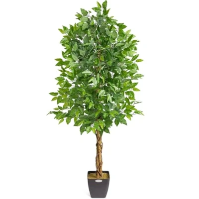 Image of CHRISTOW Artificial Ficus Tree, Fake Weeping Fig House Plant for Home Decoration, Lifelike Green Leaves, Natural Wooden Trunk with Twists, Weighted Pot, Indoor Outdoor (150cm / 5ft)