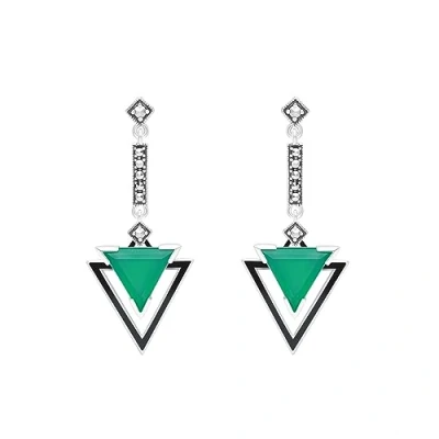 Image of Esse Marcasite Sterling Silver Art Deco Black Enamel Green Chalcedony &amp; Triangle Drop Earrings