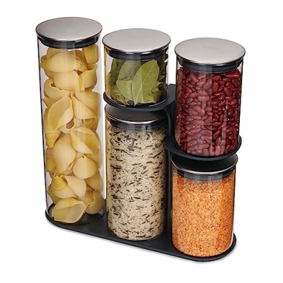 Image of Joseph Podium 5 piece Glass Airtight Food Storage Jar Container Set with Stand, Black