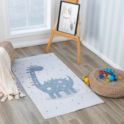 Image of Livabliss Dinosaur Washable Kids Rug Childrens for Bedroom 80x150 cm, Machine Girls &amp; Boys Rug, Playroom Nursery Rugs Girl or Boy Room Baby Carpet, Cream