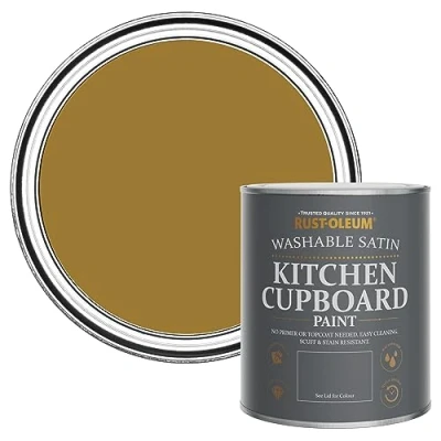 Image of Rust Oleum Yellow Scrubbable Kitchen Cupboard Paint in Satin Finish Wet Harvest 750ml