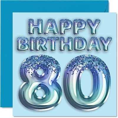 Image of 80th Birthday Card for Men Blue Glitter Party Balloon Happy Cards 80 Year Old Man Great Grandpa Grandad Dad Gran, 145mm x Eighty Eightieth Bday Greeting Gift