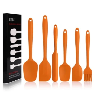 Image of BINHAI Silicone Spatula Set Orange 6 Piece Non Stick Rubber with Stainless Steel Core Heat Resistant Kitchen Utensils for Cooking, Baking and Mixing