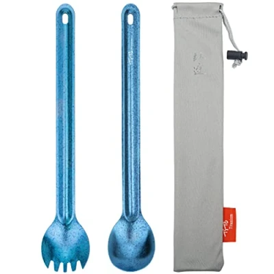 Image of TiTo Titanium Long Handle Spork and Spoon Eco Friendly Ultralight Portabale Flatware for Outdoor Camping Backpacking Hiking Travel Picnic Tableware with Bag(2pcs Blue)