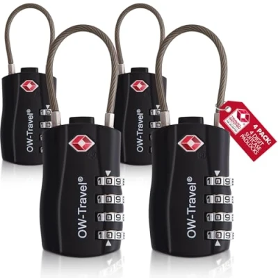 Image of TSA Approved Luggage Locks (Black 4 Pack) OW Travel Digit Heavy Duty Zinc Alloy Security Cable Padlock Combination Padlocks, Code Lock for Suitcase Zipper, Luggage, Bag, Case, Gym Locker