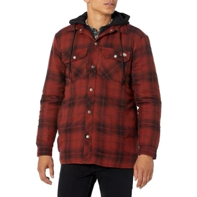Image of Dickies, Men&#039;s, FLEECE HOODED FLANNEL SHIRT JACK RELAXED, BRICK PLAID OMBRE PLAID, M