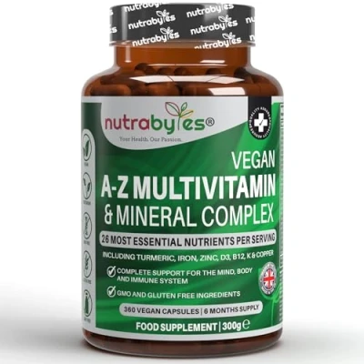 Image of Nutrabytes Vegan Multivitamin and Mineral Complex, 360 Capsules for Women Men, 26 Essential Vitamins Minerals, Natural, 100% Plant Based, Made in UK