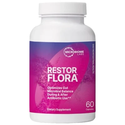 Image of Microbiome Labs RestorFlora Vegan Probiotic Supplement with Saccharomyces boulardii and Bacillus Spores Gut Health Digestive Support Yeast &amp; Spore Probiotics for Men Women, 50 Capsules