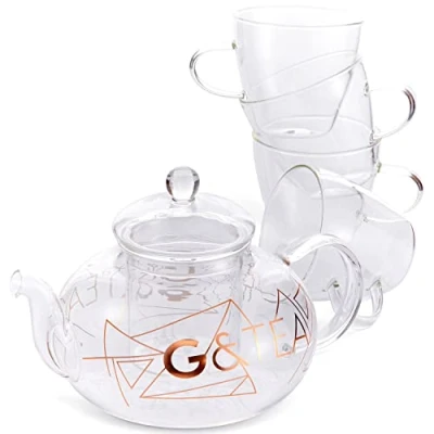 Image of Oak &amp; Steel Premium Elegant Glass Gin Teapot with Removable Loose Leaf Infuser 800ml 4 Tea Cups Gift Party Set