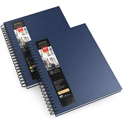 Image of Arteza Premium Watercolour Sketchbook, 22.9x30.5 cm, 2 Pack, 64 Sheets, 300gsm Paper Pad, Blue Hardcover Journal, Spiral Bound, Art Supplies for Techniques and Mixed Media