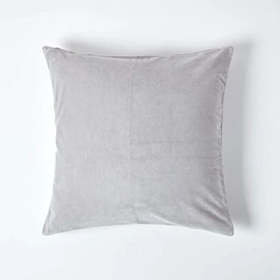 Image of HOMESCAPES Light Grey Velvet Cushion Cover Super Soft Cotton Luxury Square Scatter Silver Accent Throw Pillow for Sofa and Bed Decoration with Hidden Zipper, 40 x 40cm
