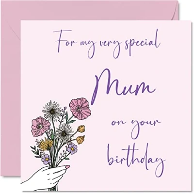 Image of Cute Birthday Cards for Mum Flowers Happy Card from Daughter Son, Mother Special Gifts, 145mm x Greeting Mama Mom Mam Mammy