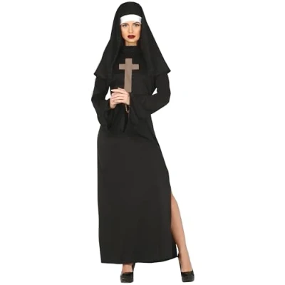 Image of FIESTAS GUIRCA Sexy Nun Black Robe with Leg Slit and Veil Fancy Dress Costume Adult Woman Size L 14 16