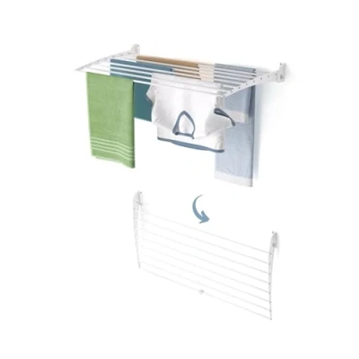 Image of Foxydry Fold, Wall Mounted Clothes Drying Rack, Foldable Aluminum Design Ideal for Indoor and Outdoor Use. Dimensions: 102x50x57 cm