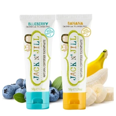 Image of Jack N&#039; Jill Natural Certified Toothpaste Baby &amp; Toddler Toothpaste, Fluoride Free, 40% Xylitol, Sugar Safe for 6 Months and Up, Organic Banana Blueberry Flavours, 2 x 50g