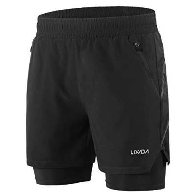 Image of 2 in 1 Shorts men Quick Drying Breathable Active Training Exercise Jogging Marathon Cycling Work Out with Zipper Side Pockets Longer Liner &amp; Reflective Elements