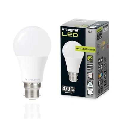 Image of Integral LED B22 Non Dimmable Dusk to Dawn Dual Sensor Frosted GLS Bulb Cool White 4000K, 470lm, 4.8W (40W Equivalent) Energy efficient &amp; Ideal for Outdoor, Porch, Garage, Garden, Patio