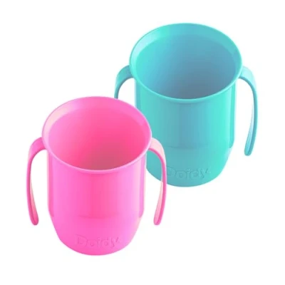 Image of Doidy Cup Twin Pack Training Sippy Cups Unique Slanted Design Two Handles Baby Beaker Great Weaning for Milk,Water Use from 3 6 Months to Toddler (Cerise and Turquoise)