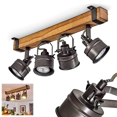Image of hofstein Pehefito Ceiling Light, Vintage Design Metal/Wood Light in Black/Brown, Retro with Wooden Beams and Adjustable spotlights, 4 Flame, x GU10 Socket, Bulbs not Included