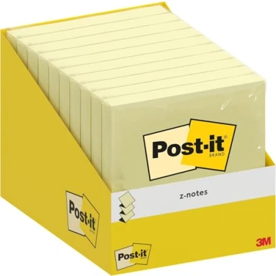 Image of Post it Z Notes, Canary Yellow, Pack of 10 Pads, 100 Sheets per Pad, 76 mm x mm, Cardboard Pack, 100% PEFC Self stick Notes For Note Taking, To Do Lists &amp; Reminders